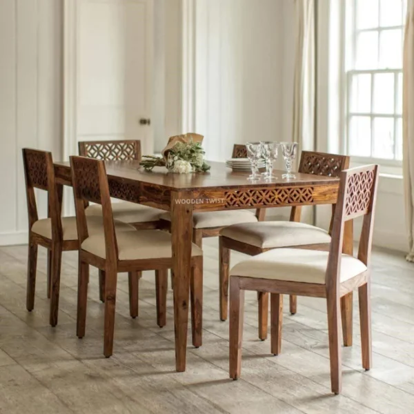 Premium Teak Wood Designer Dining Table With Cushioned Chair