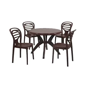 Supreme Plastic Marina Table and 4 pcs Oak Chair Brown Complete Set